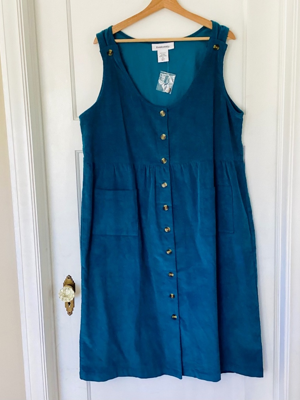 Two-Twenty Corduroy Teal Blue Button Front Jumper Petite L cotton Cottagecore